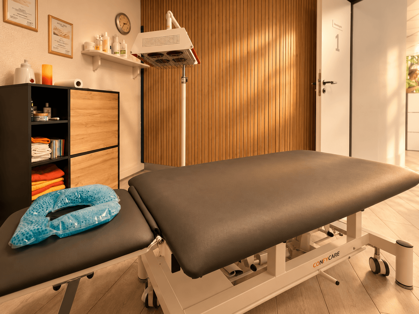 Behandlungsraum mit Therapieliege, Wärmelampe und Holz-Akustikwand
