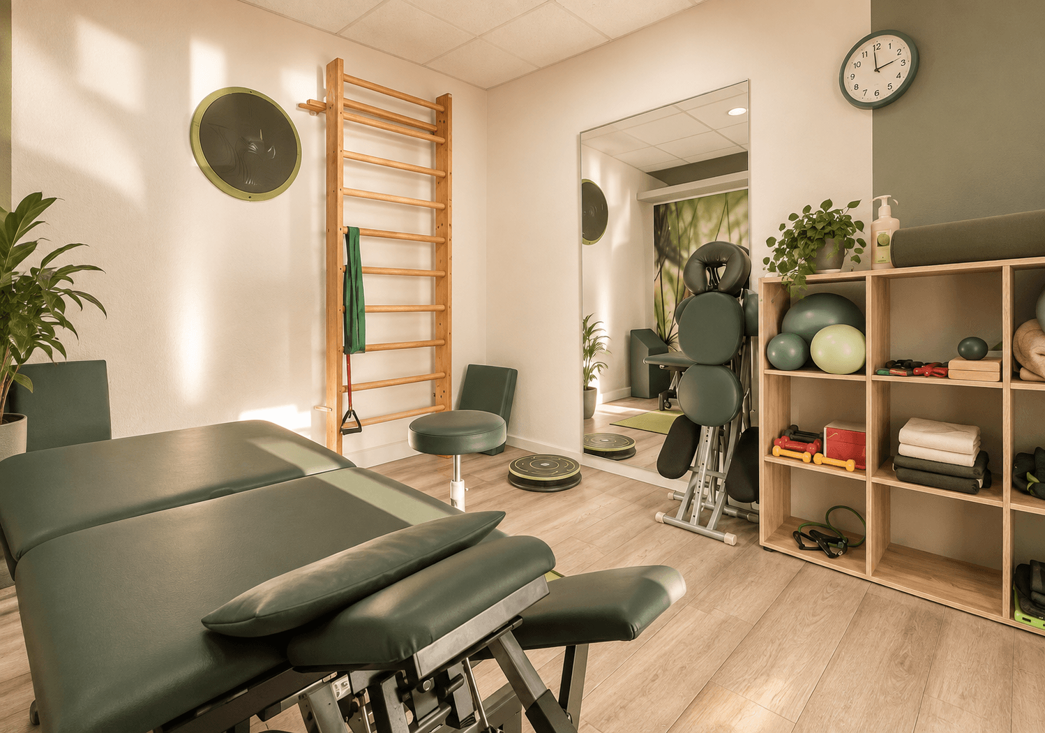 Heller Behandlungsraum mit Therapieliege, Sprossenwand, Spiegel und Übungsmaterial