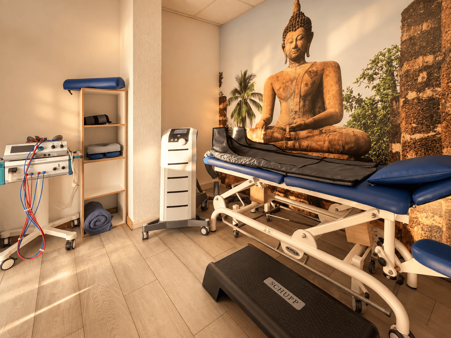 Behandlungsraum mit Therapieliege und Geräten für die gerätegestützte Lymphdrainage